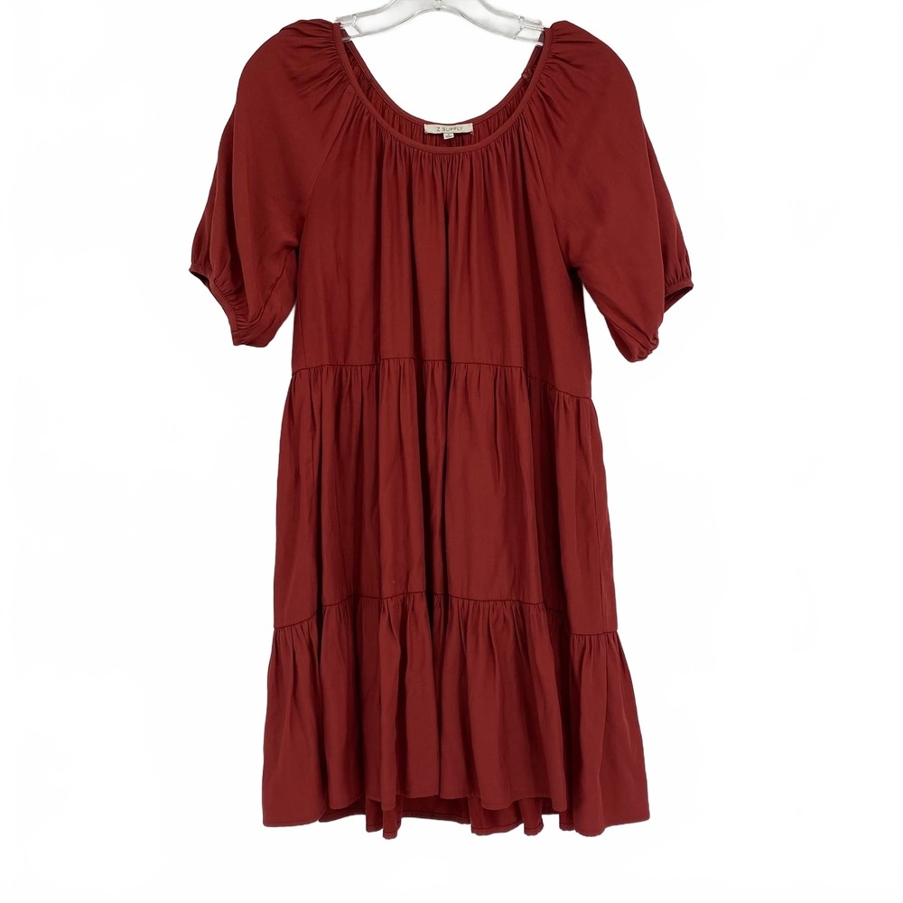 Z Supply Rust Orange Tiered Puff Sleeve Mini Dress | Regular S